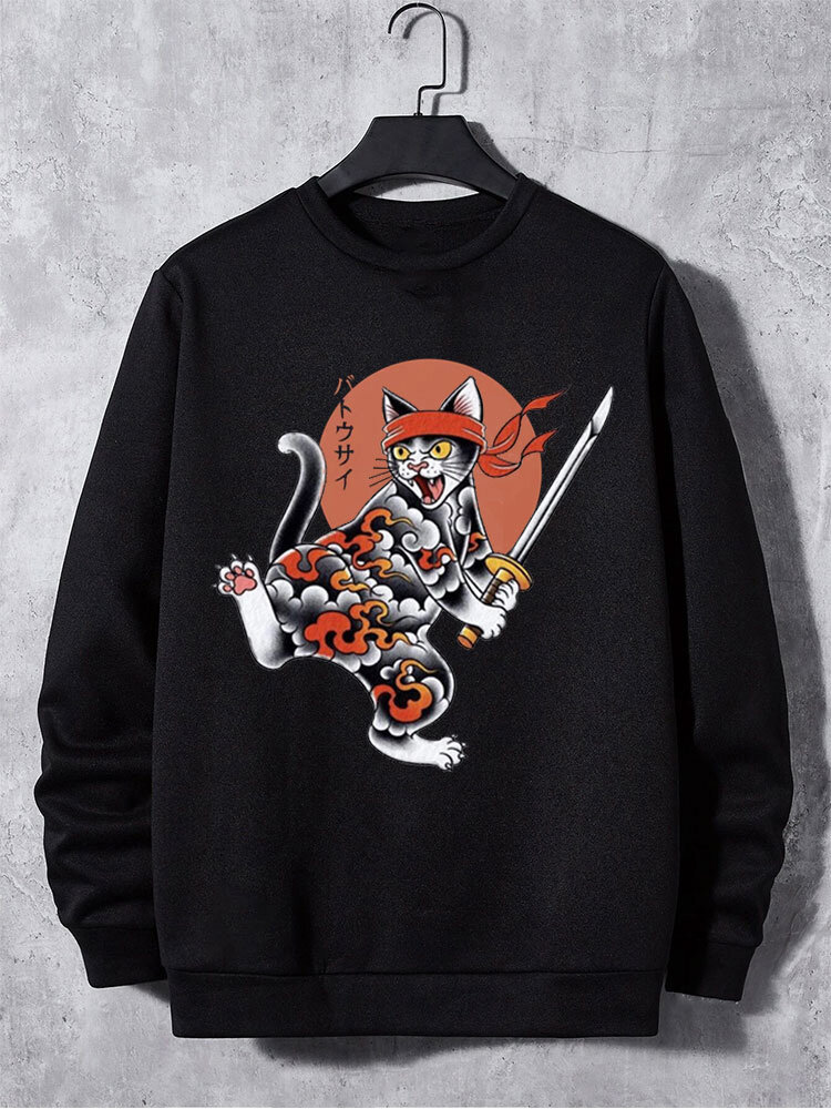

Mens Japanese Warrior Cat Print Crew Neck Pullover Sweatshirts Winter, Black