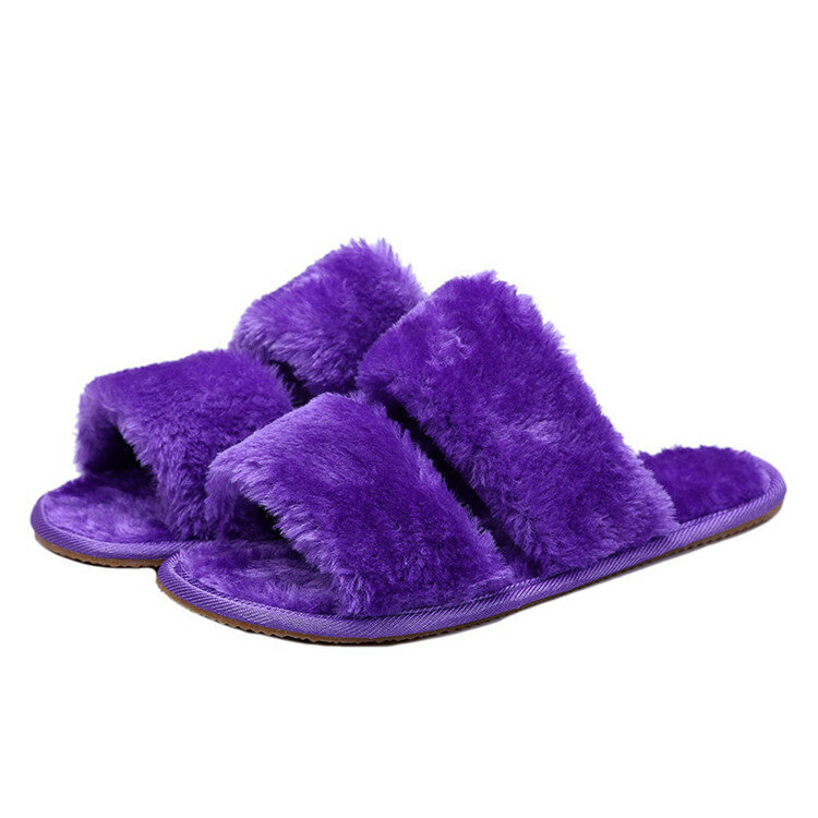 Furry Two Strappy Warm Flat Indoor Slip On Slippers
