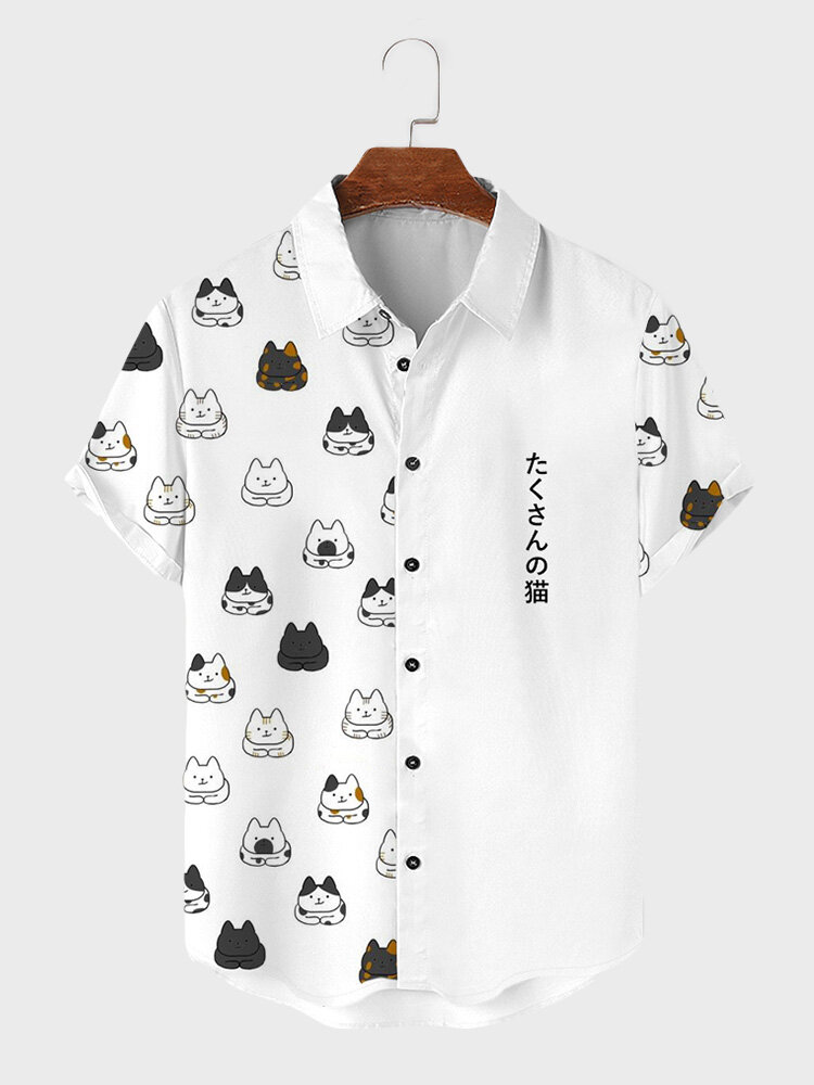 Mens Cute Japanese Cat Print Patchwork Short Sleeve Shirts