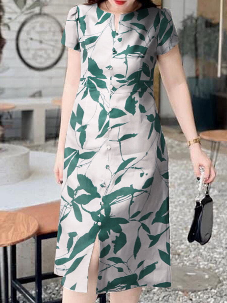 Women Plant Print Button Design Split Hem Casual Short Sleeve Dress