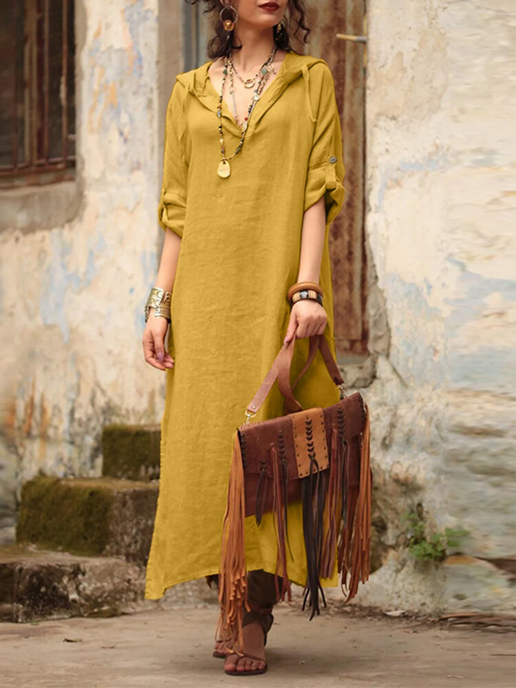 Einfarbige, langärmlige Kapuze mit geschlitztem Saum Vintage Kleid