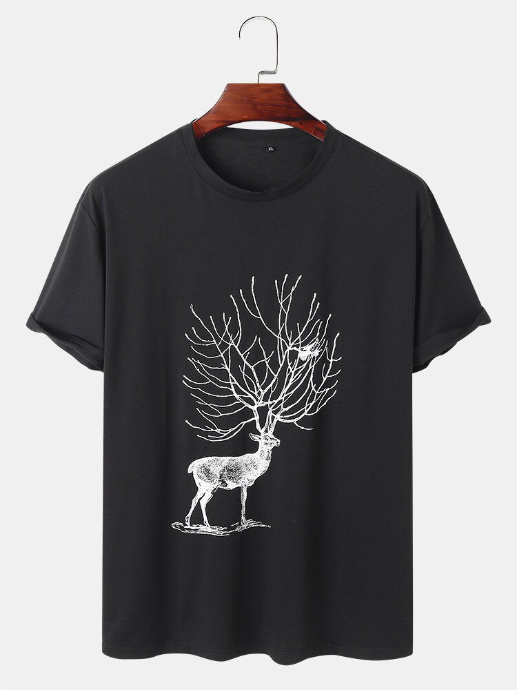 Mens Cartoon Reindeer Graphics Black Street Short Sleeve T-Shirt