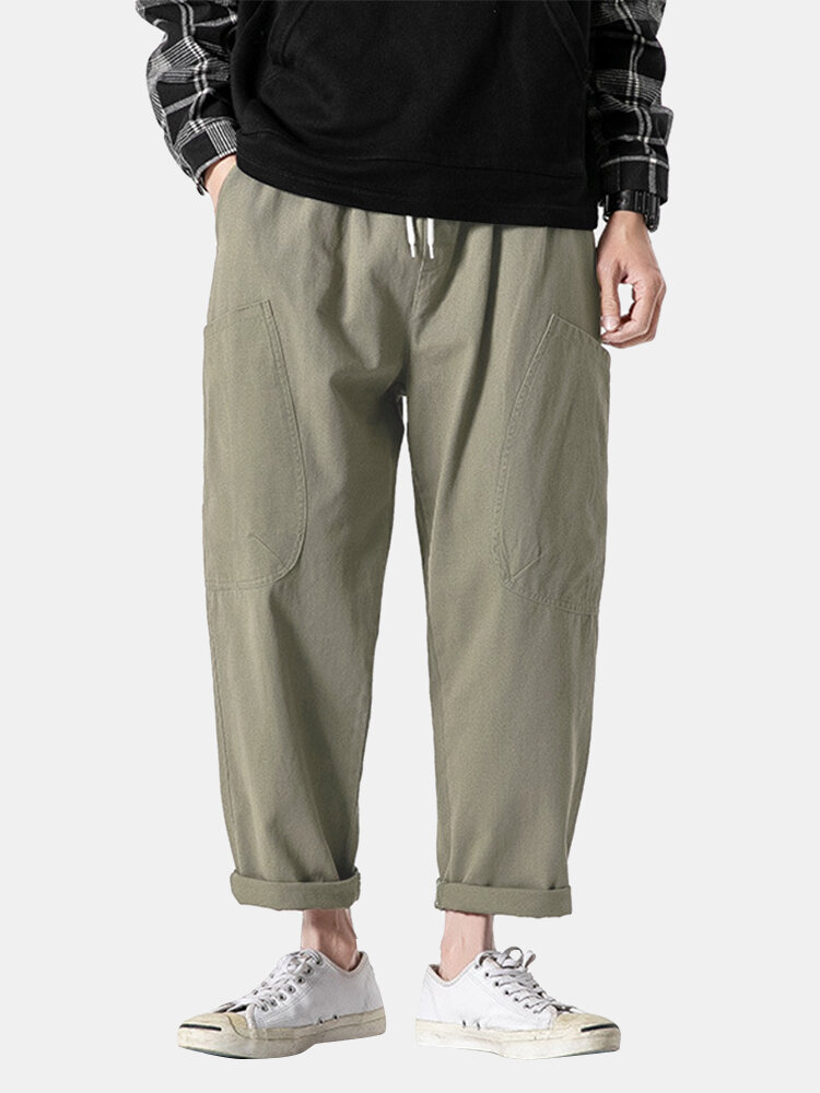 Mens Multi-Pocket Thick Warm Drawstring Waist Cotton Casual Pants