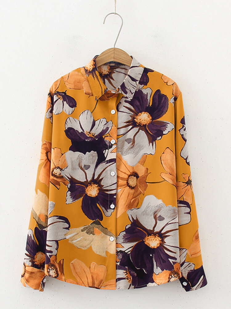 Flower Print Long Sleeve Lapel Button Front Shirt
