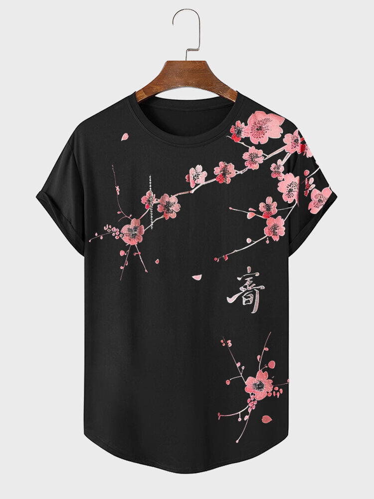 

Mens Japanese Cherry Blossoms Print Curved Hem Short Sleeve T-Shirts, Black
