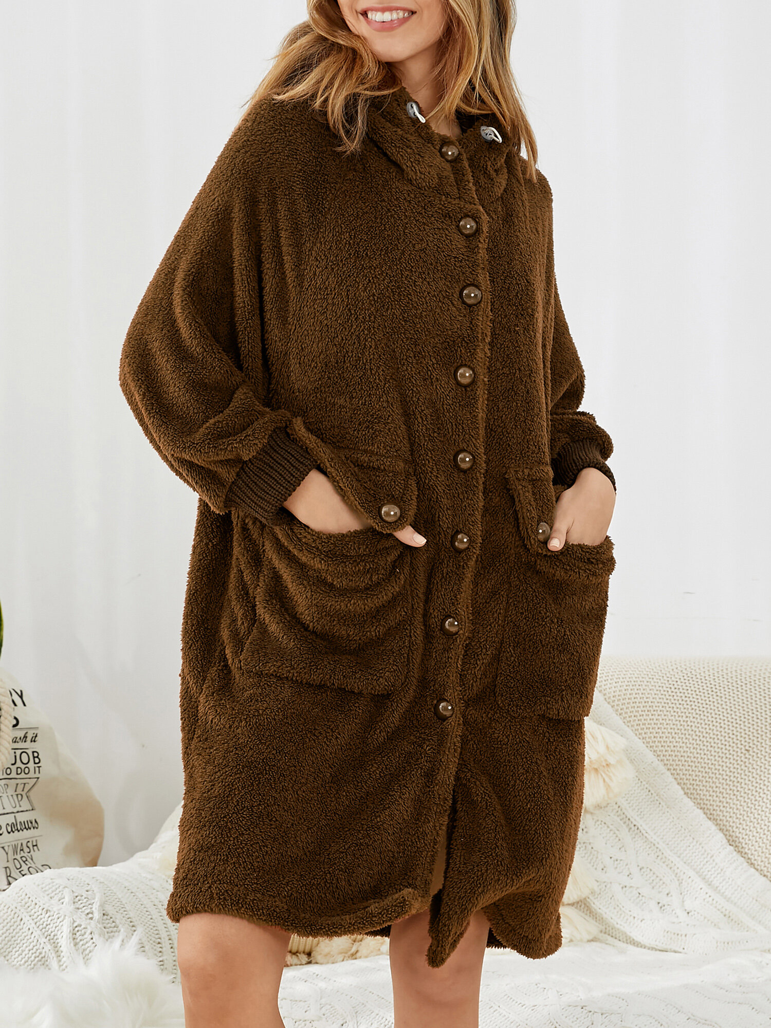 

Women Cute Bear Ear Button Front Fluffy Plush Warm Hooded Robe With Flap Pocket, Brown