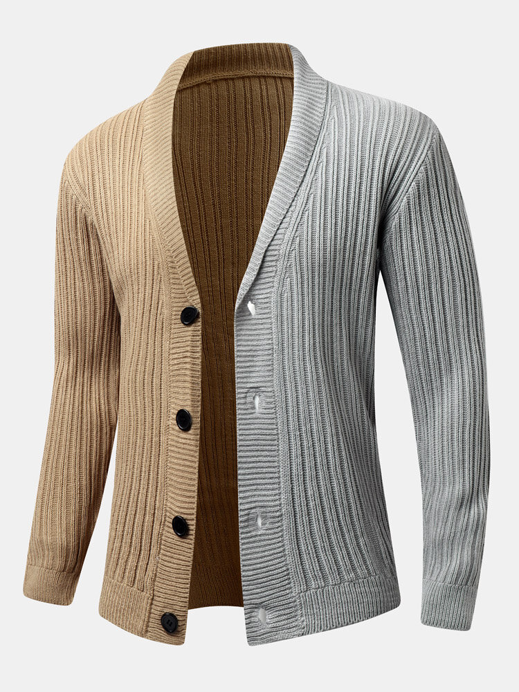 Mens Two Tone Patchwork Single Breasted Rib Knit Casual Cardigans