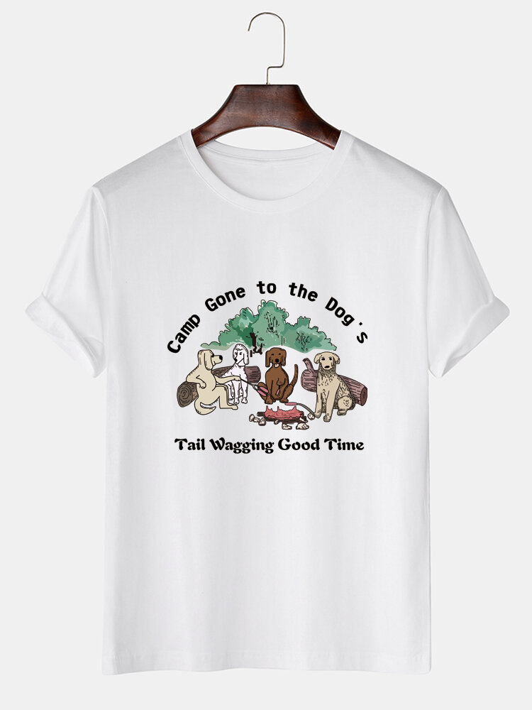 Mens Cartoon Dog Slogan Print Cotton Short Sleeve T-Shirts