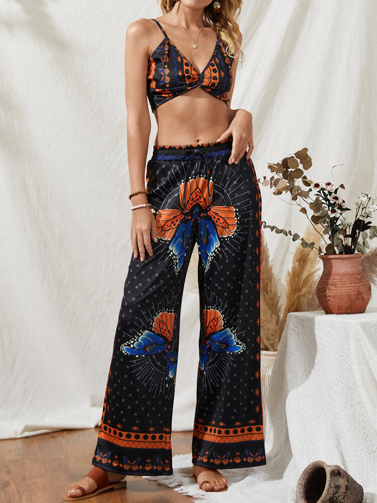 Bohemian Butterfly Print Tube Top & Drawstring Pants Sexy Two-piece Suit