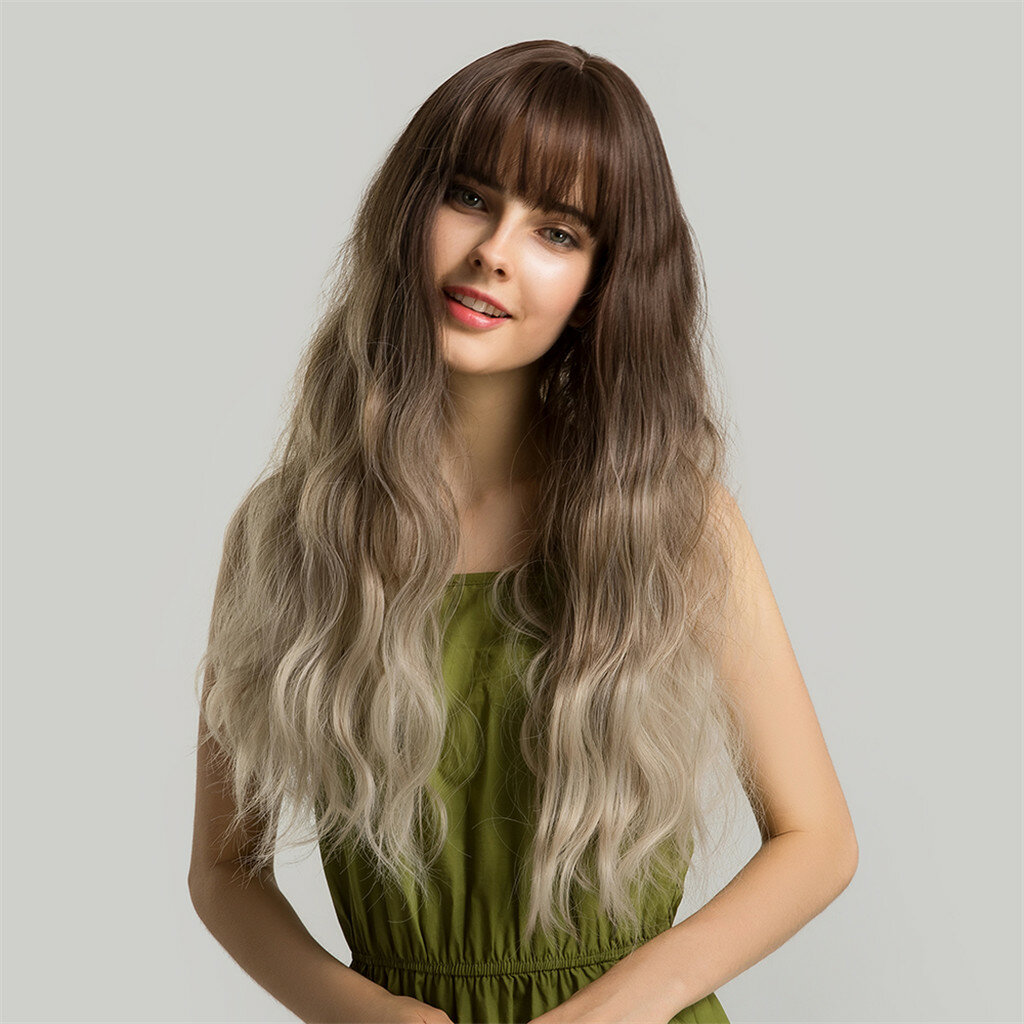 

24 inch Neat Bangs Gradient Wig Synthetic Hair with Bangs Natural Fluffy Long Wavy Hair Wigs