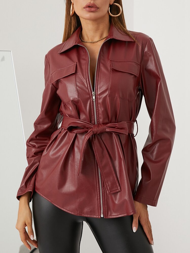 Women Solid Color Knotted Zip Front Lapel Collar Jacket
