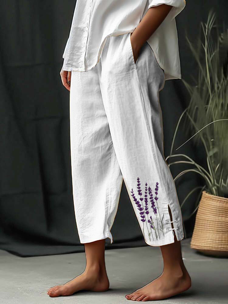 

Women Plant Print Split Cuff Casual Cropped Pants, White