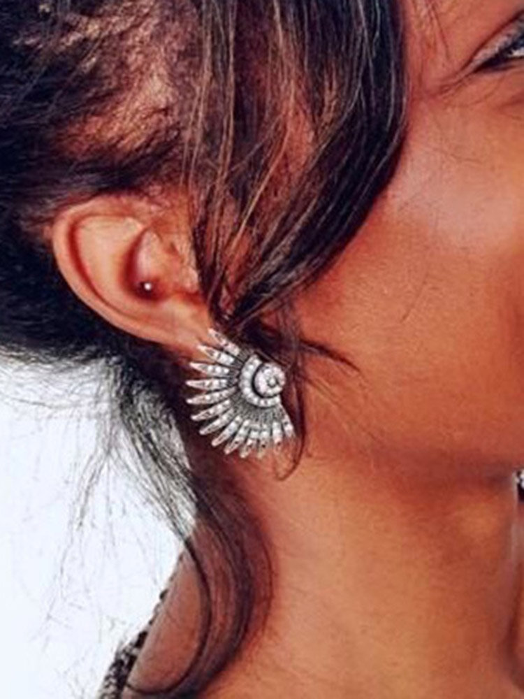 Bohemian Ear Earrings Fan Shaped Geometric Rhinestone Rivet Earrings Jewelry for Women