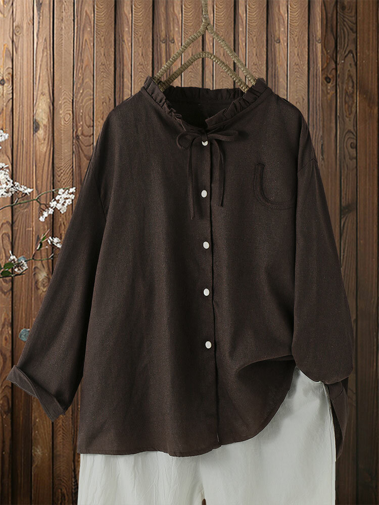 Plus Size Solid Ruffled Collar Knotted Button Long Sleeve Blouse