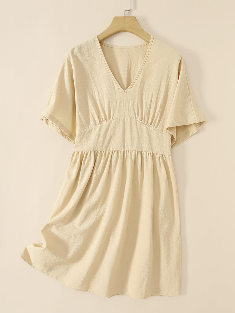 Solid Elastic Waist V-neck Short Sleeve Casual Dress