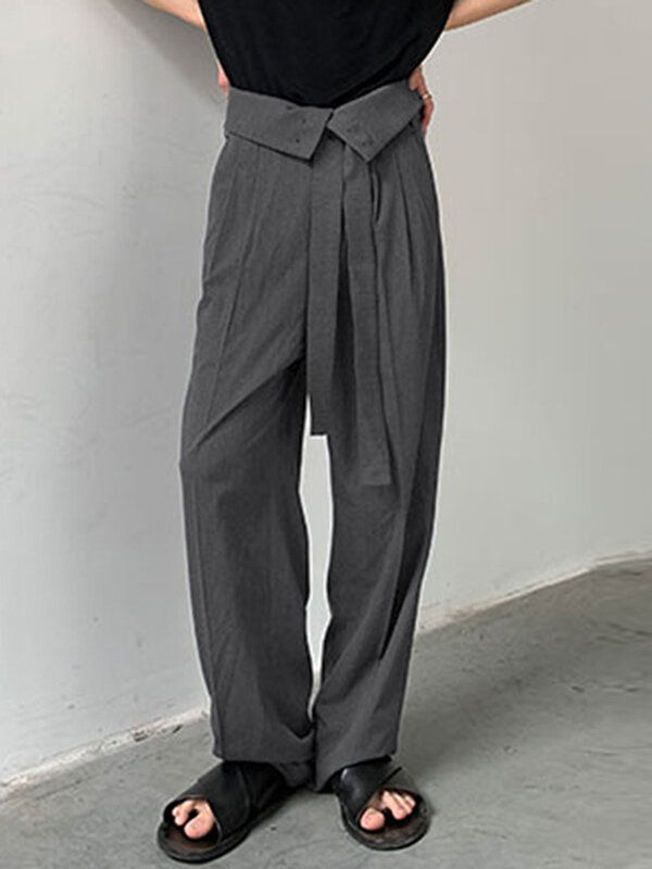 

Mens Japan High Waist Solid Pants With Belt, Black;dark gray
