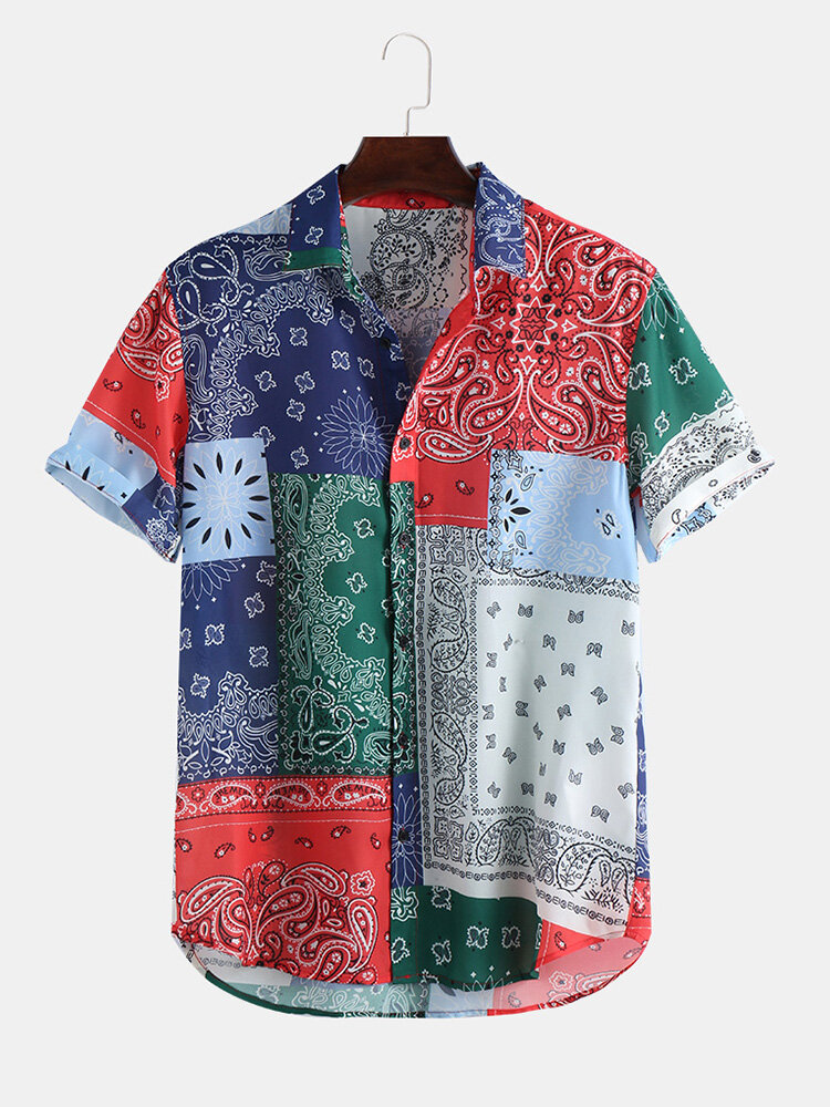 Mens Thin & Breathable Chiffon Ethnic Patchwork Printed Short Sleeve Shirt