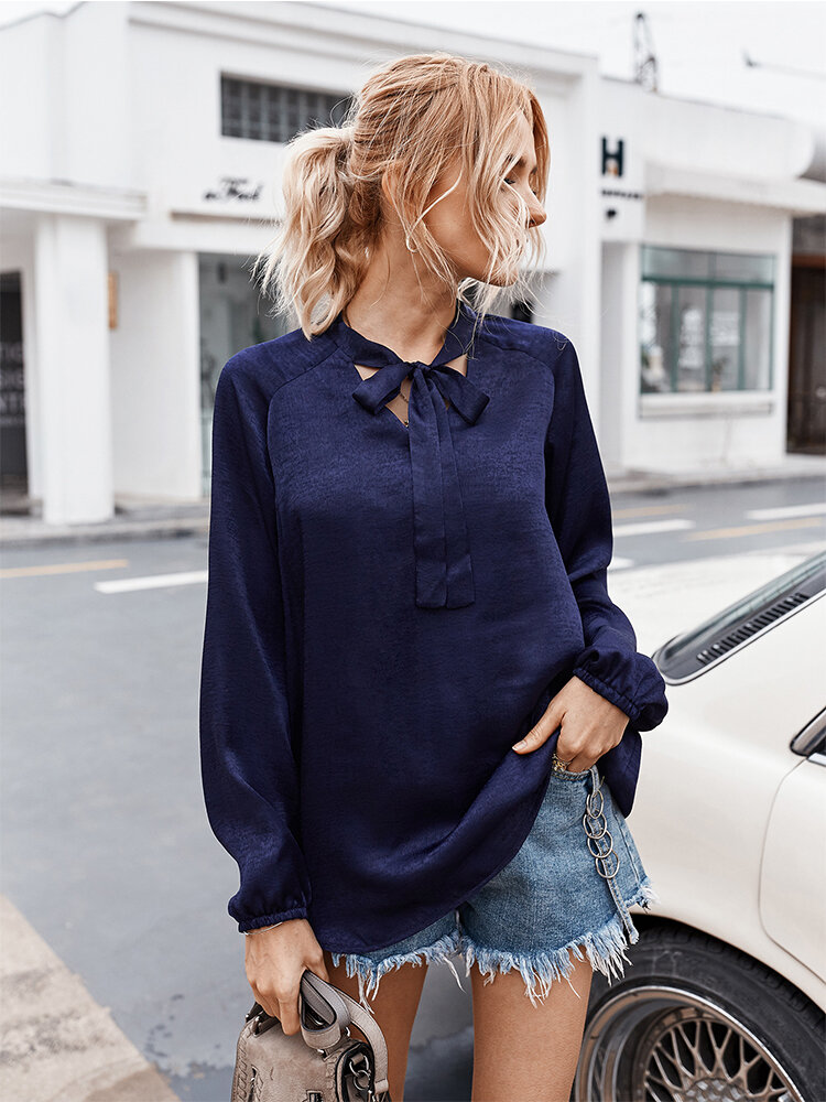 Solid Color V-neck Long Sleeves Casual Blouse For Women