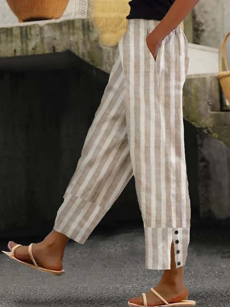 Women Striped Button Cuff Casual Cropped Pants With Pocket