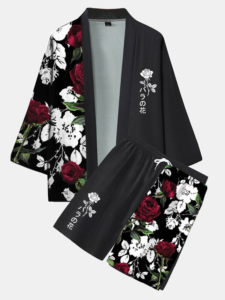Mens Japanese Rose Print Open Front Kimono Loose Two Pieces Outfits
