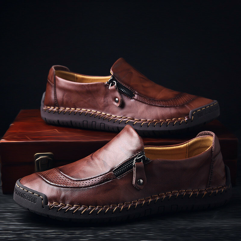 Casual Shoes Men Casual Hand Stitching Zipper Slip-ons Leather Shoes ...