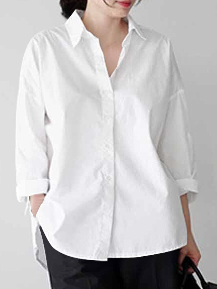 

Solid Drop Shoulder Slit High-low Button Shirt, White;blue;khaki