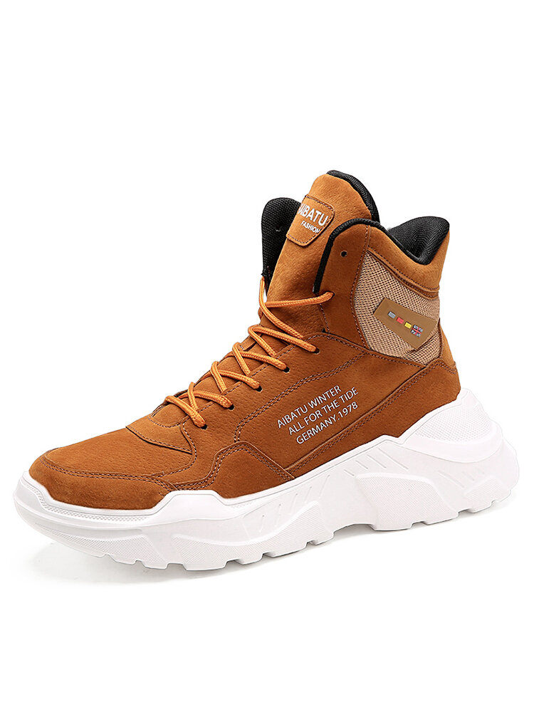 Men Sport Pure Color Leather Lightweight Comfy High Top Casual Sneakers