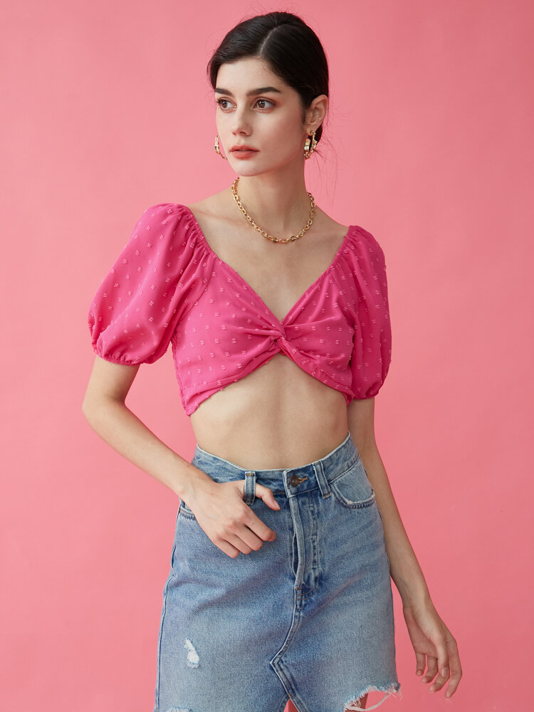 Solid Back Smocked Puff Sleeve V-neck Twisted Crop Top