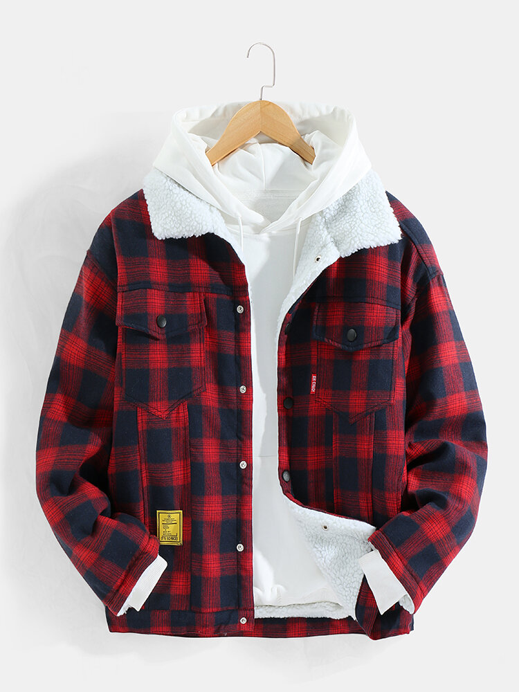 Mens Plaid Sherpa Lined Thick Zip Front Lapel Casual Jackets