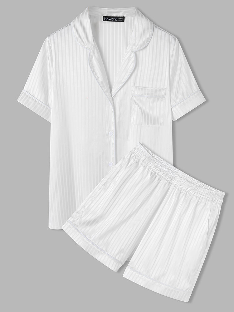 Women Striped Chest Pocket Luxury Smooth Soft Skin Friendly Mid Length Pajamas Sets