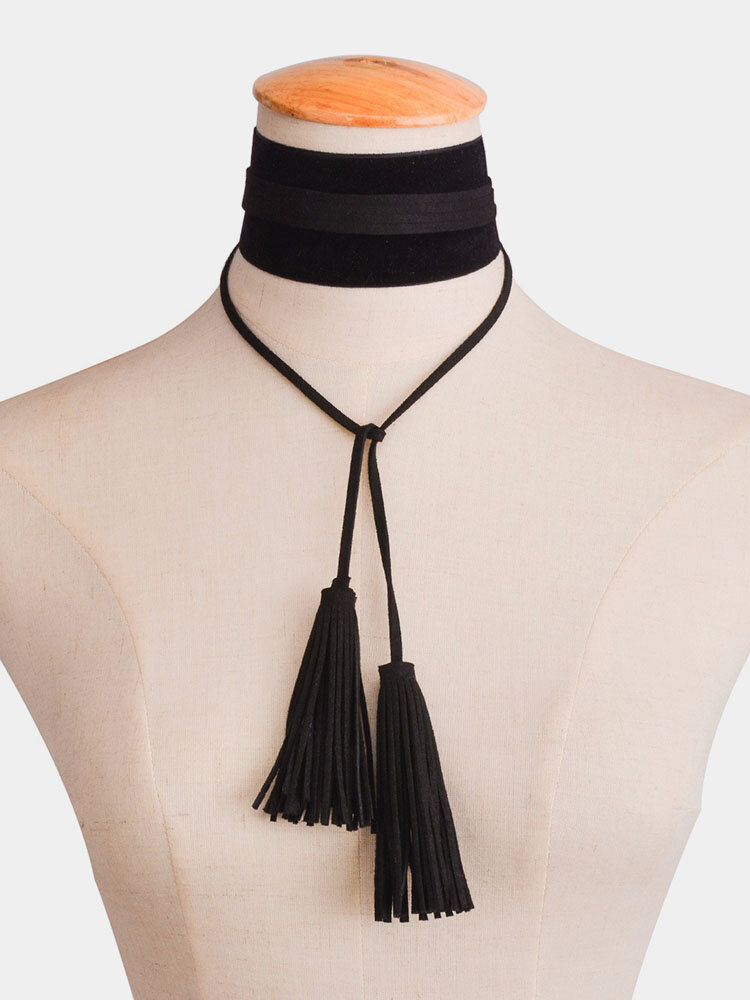 Casual Wide Velvet Collar Handmade Tassel Necklace