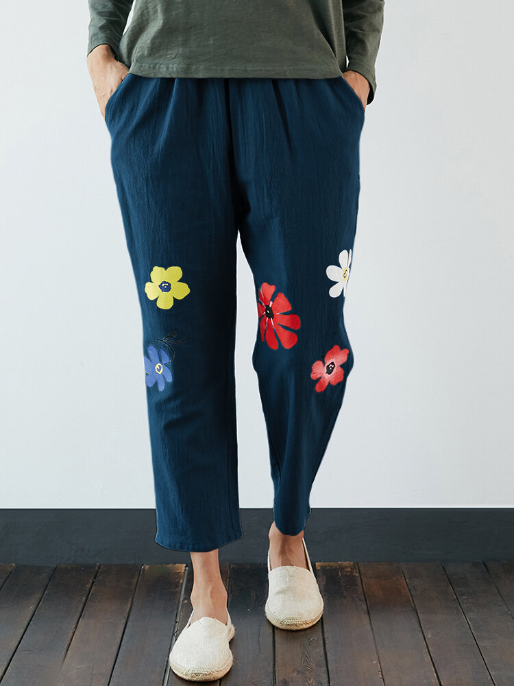 Flowers Print Elastic Waist Pockets Plus Size Casual Pants