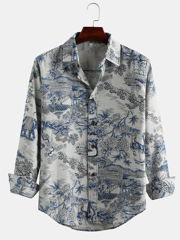 Mens Chinese Style Vintage Landscape Painting Long Sleeve Casual Printed Shirt