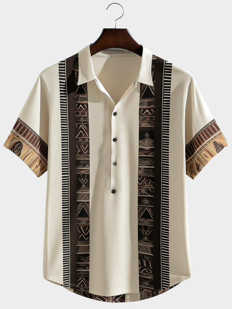 Mens Ethnic Pattern Patchwork Half Button Short Sleeve Golf Shirts