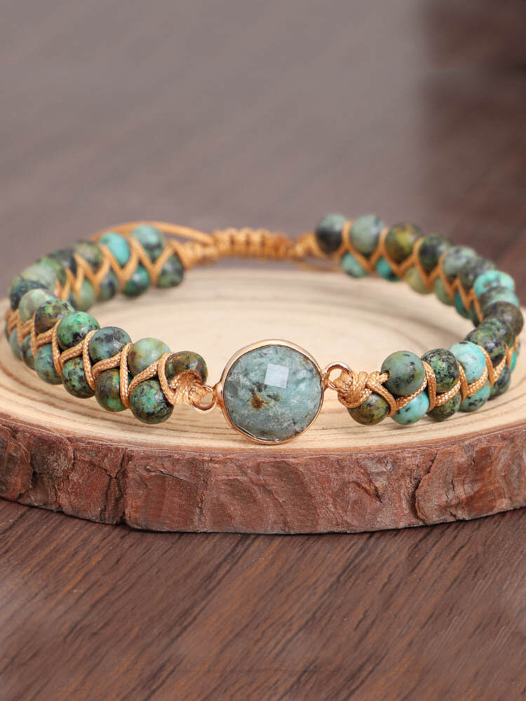 Vintage Bohemian Geometric Round-shaped Natural Stones Hand Woven Double-layer Beads Bracelet
