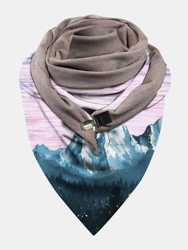 Women Dacron Landscape Print With Buckle Casual Thin Warmth Shawl Scarf