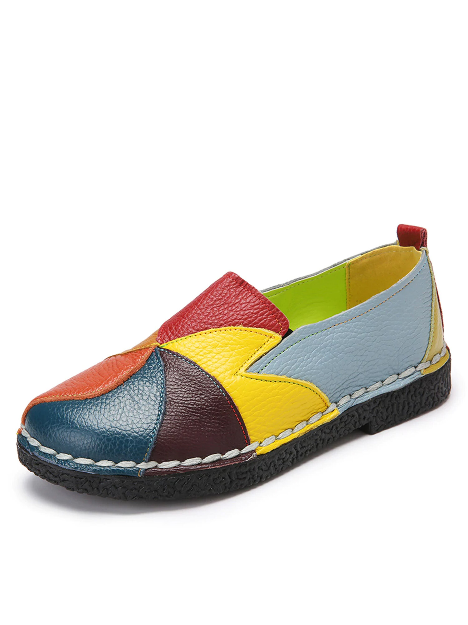 SOCOFY Soft اليدوية الربط Colorful جلد طبيعي خياطة الانزلاق على حذاء بدون كعب مسطح غير رسمي