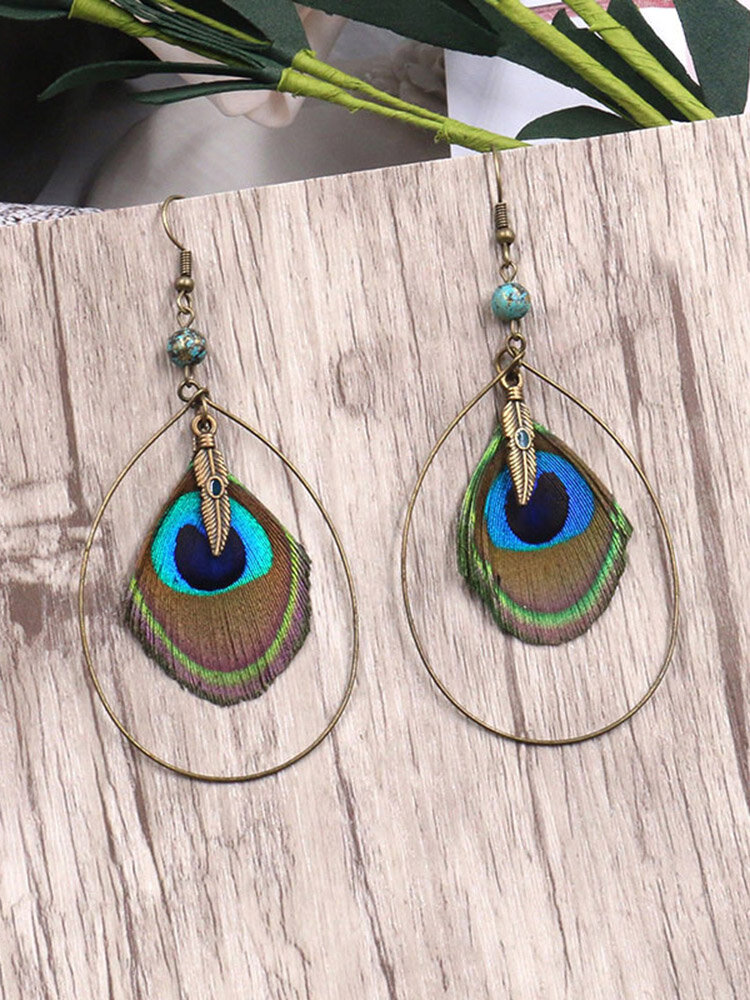 

Vintage Metal Geometric Hollow Water Drop Earrings Peacock Feather Pendant Earrings Ethnic Jewelry, Green