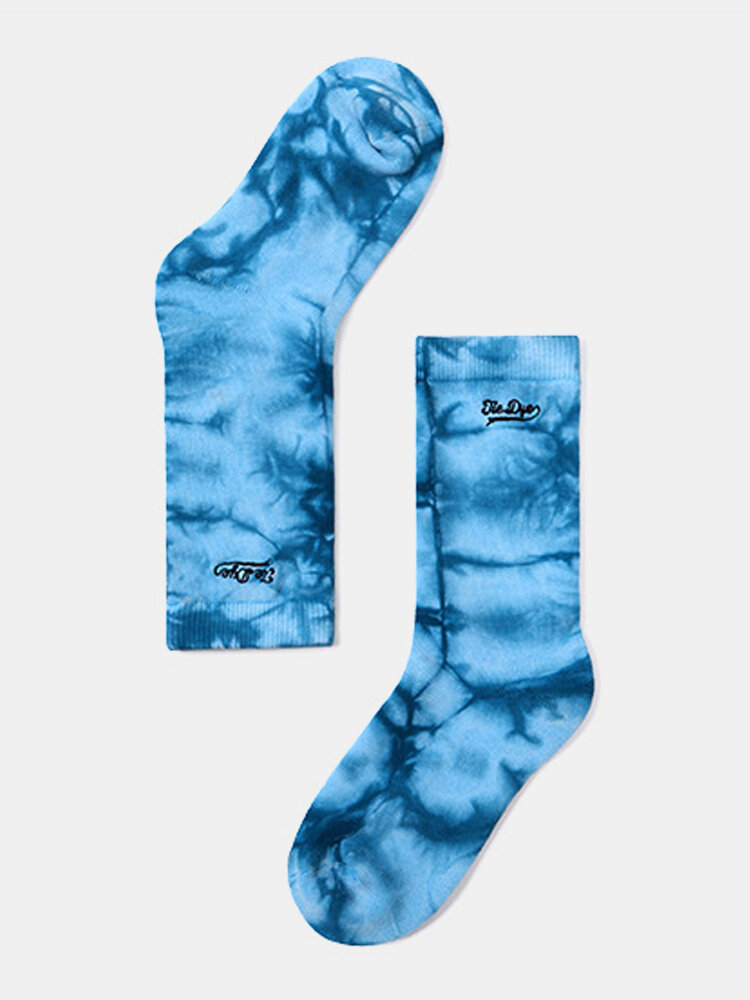 

Starry Blue Tie Dye English Embroidery Couple Style Tide Medium Long Socks
