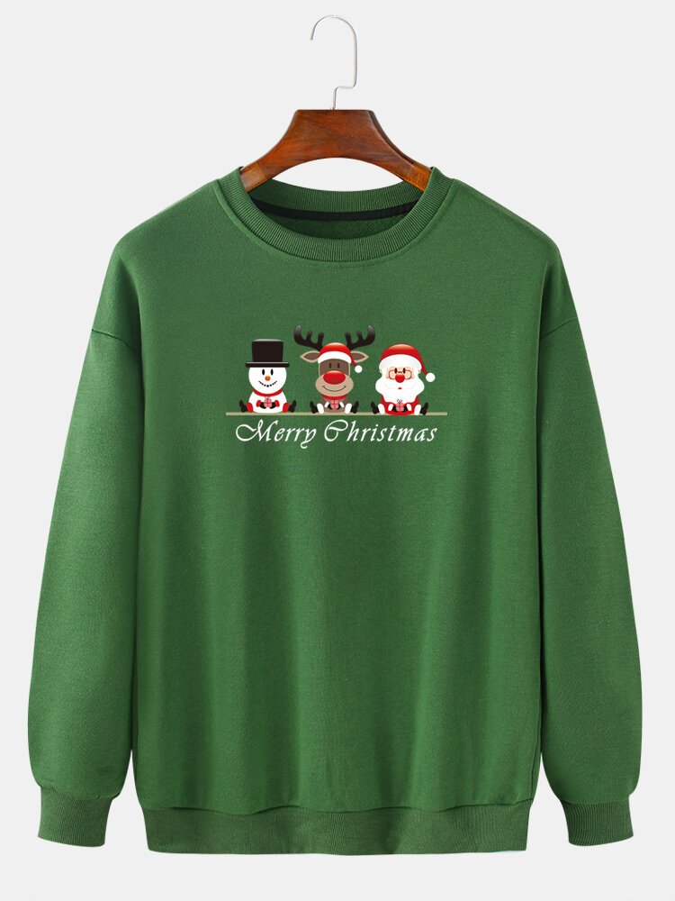 Mens Christmas Letter Cartoon Print Crew Neck Pullover Drop Shoulder Sweatshirts