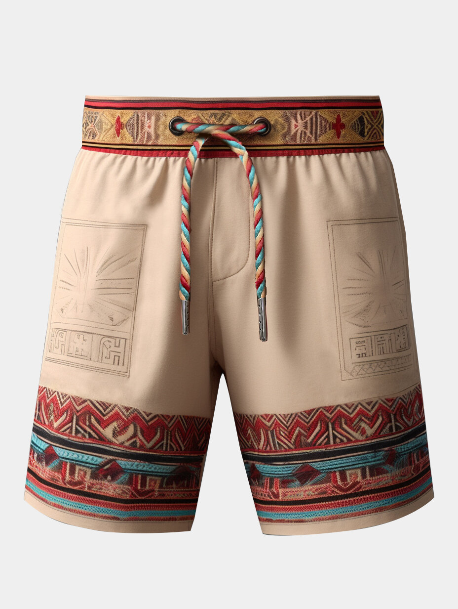 Shorts masculinos étnicos com estampa de totem patchwork e cordão na cintura