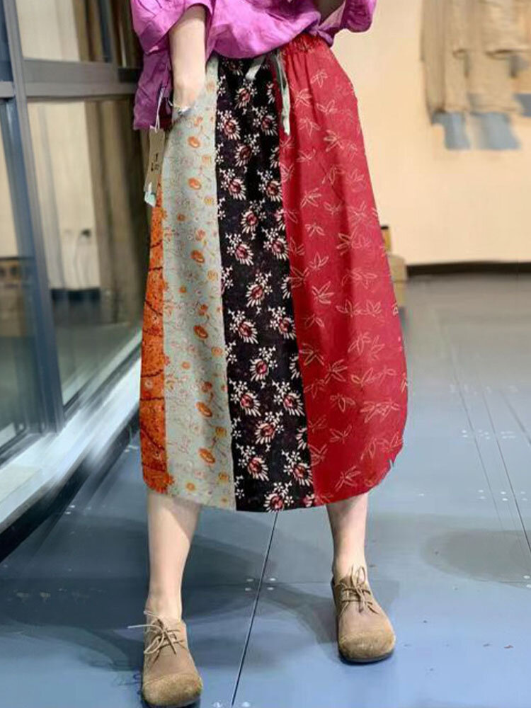 Ethnischer Musterdruck Kordelzug in der Taille Vintage Röcke mit Vordertasche