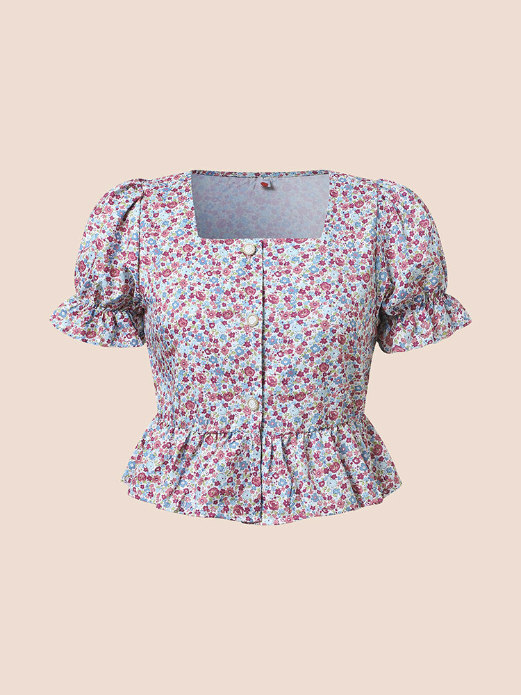 Floral Pattern Square Collar Ruffle Puff Sleeve Crop Top