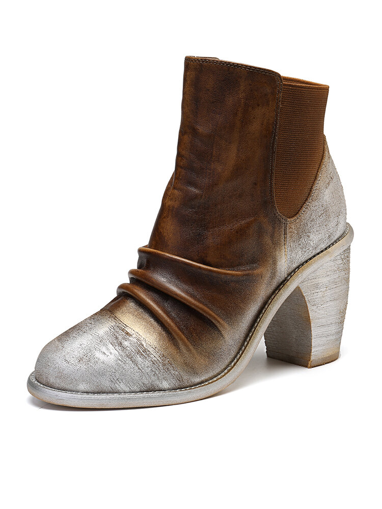 SOCOFY Metallic Color Splicing Chunky Heel Elastic Band Genuine Leather Boots