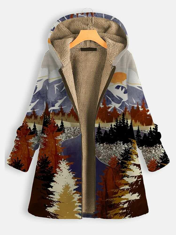 Landscape Print Hooded Long Sleeve Thick Coat For Women