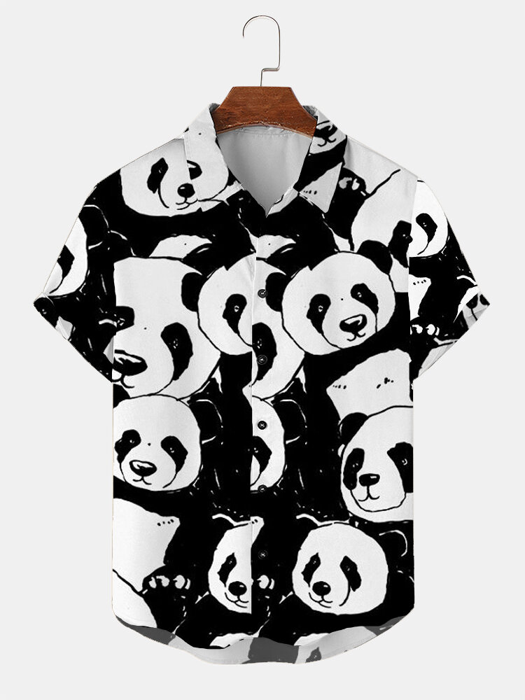 

Mens Allover Panda Print Lapel Casual Short Sleeve Shirts Winter, Black