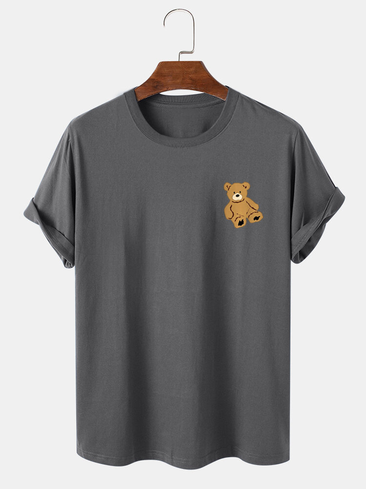 

Mens 100% Cotton Cartoon Bear Graphics Short Sleeve Preppy T-Shirt, Black;khaki;white;dark gray