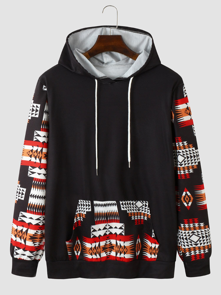 Men Tribal Print Patchwork Kangaroo Pocket Drawstring Casual Hooded Sweatshirt