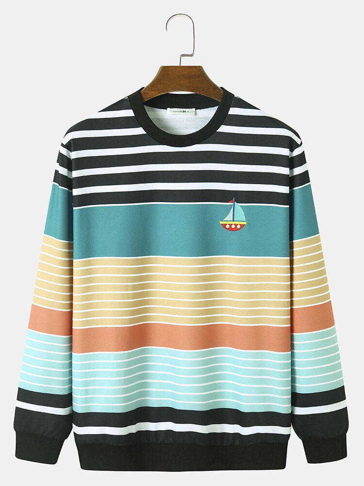 Mens Sailboat Embroidered Colorblock Stripe Crew Neck Holiday Pullover Sweatshirts