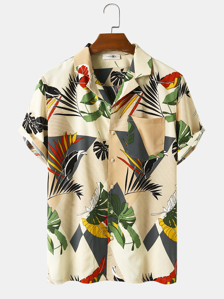 Men Tropical Plant Printed Casual Holiday Turn-down Collar Shirt